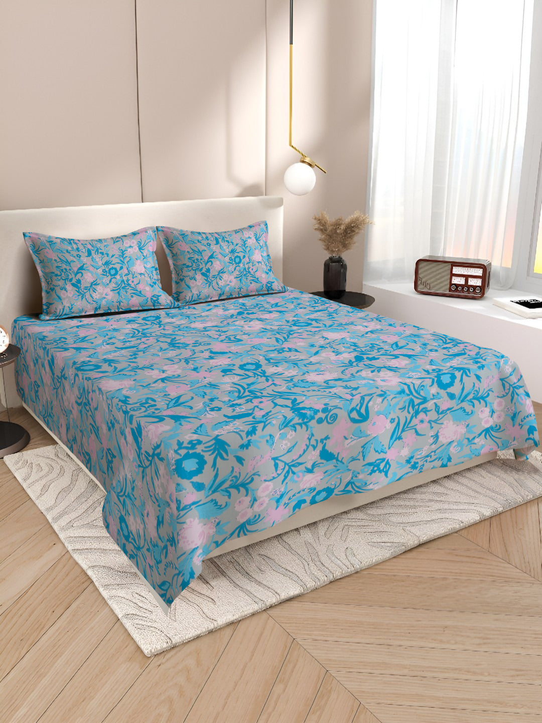Blue Cotton Bedsheet with Pink Floral Design