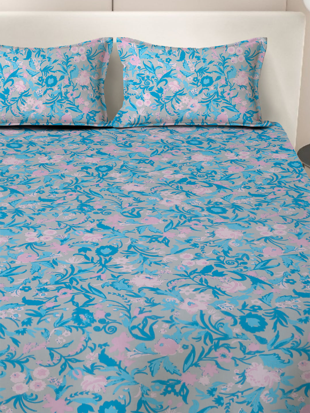 Blue Cotton Bedsheet with Pink Floral Design