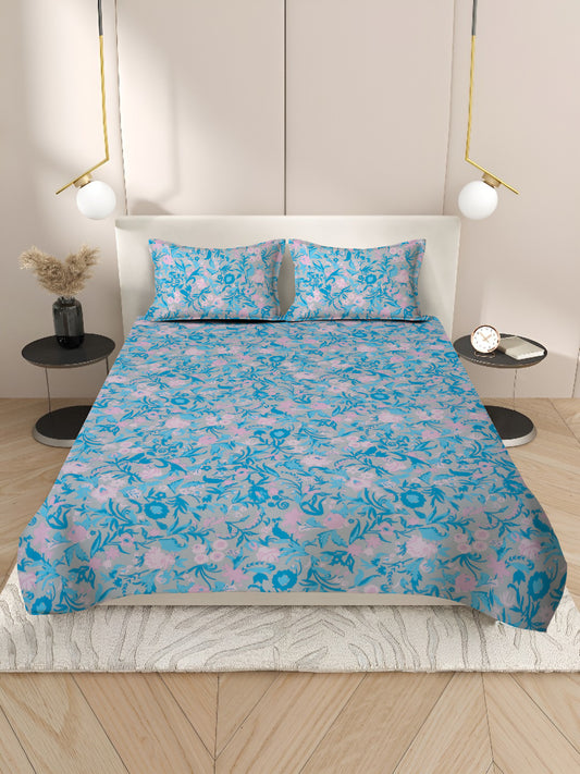 Blue Cotton Bedsheet with Pink Floral Design