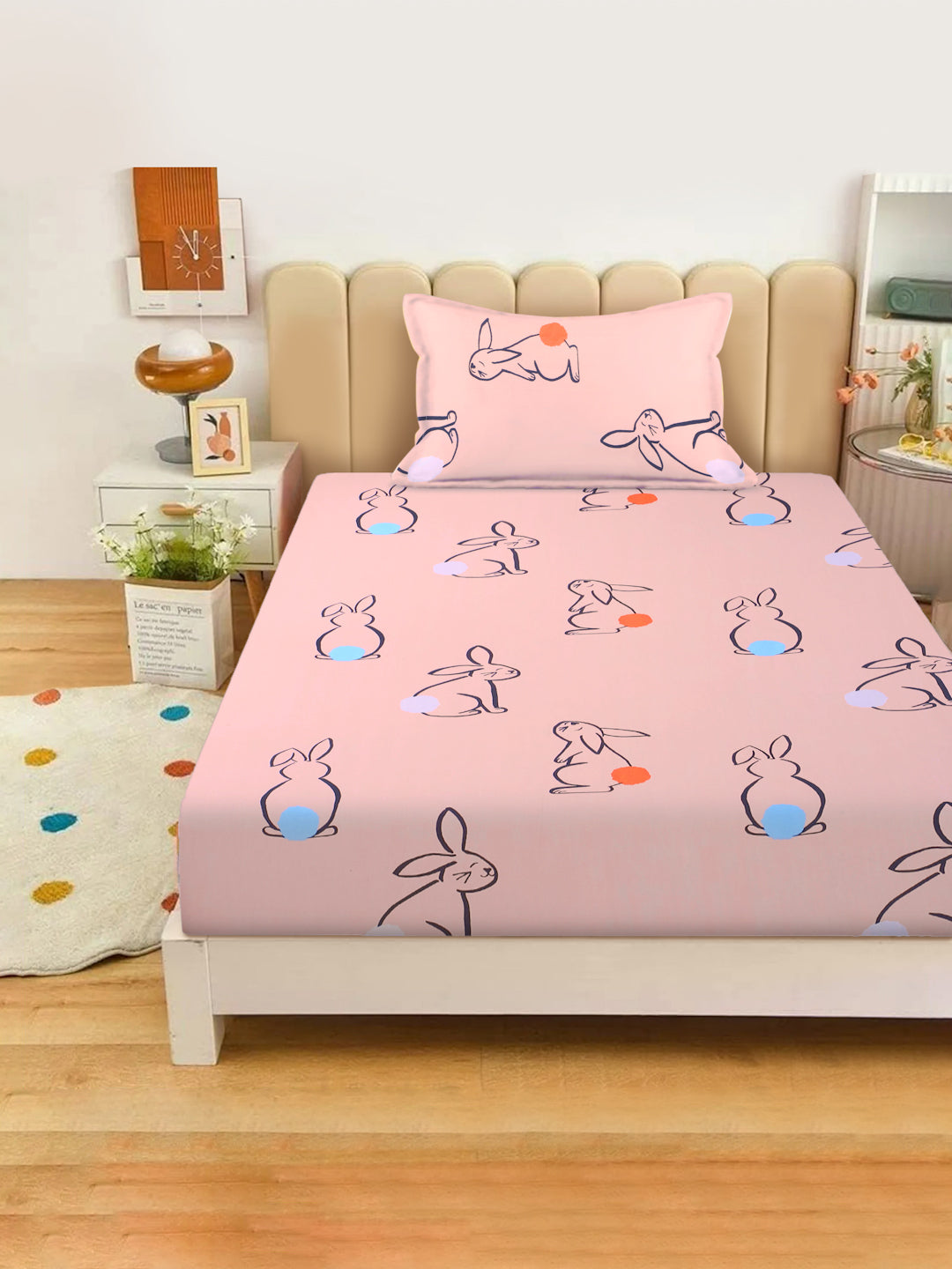 Rabbit Print Kids Bedsheet Set – 100% Cotton for Single Bed