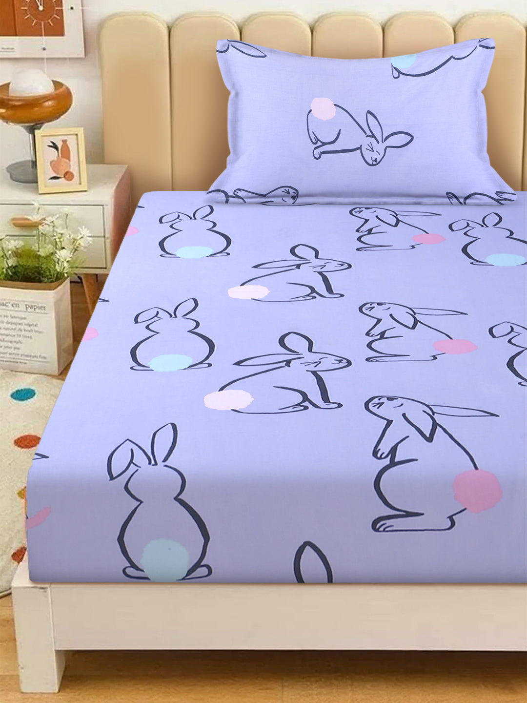 Rabbit Print Kids Bedsheet Set – 100% Cotton for Single Bed