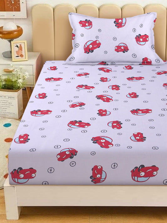 Car Print Kids Bedsheet Set – 100% Cotton, Single Bed, Yellow & Pink