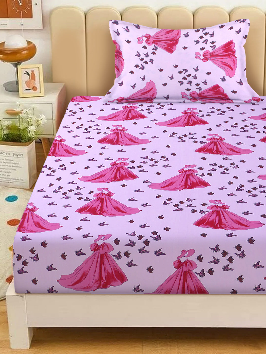 Doll Print Kids Bedsheet Set – 100% Cotton, Single Bed, Orange & Pink