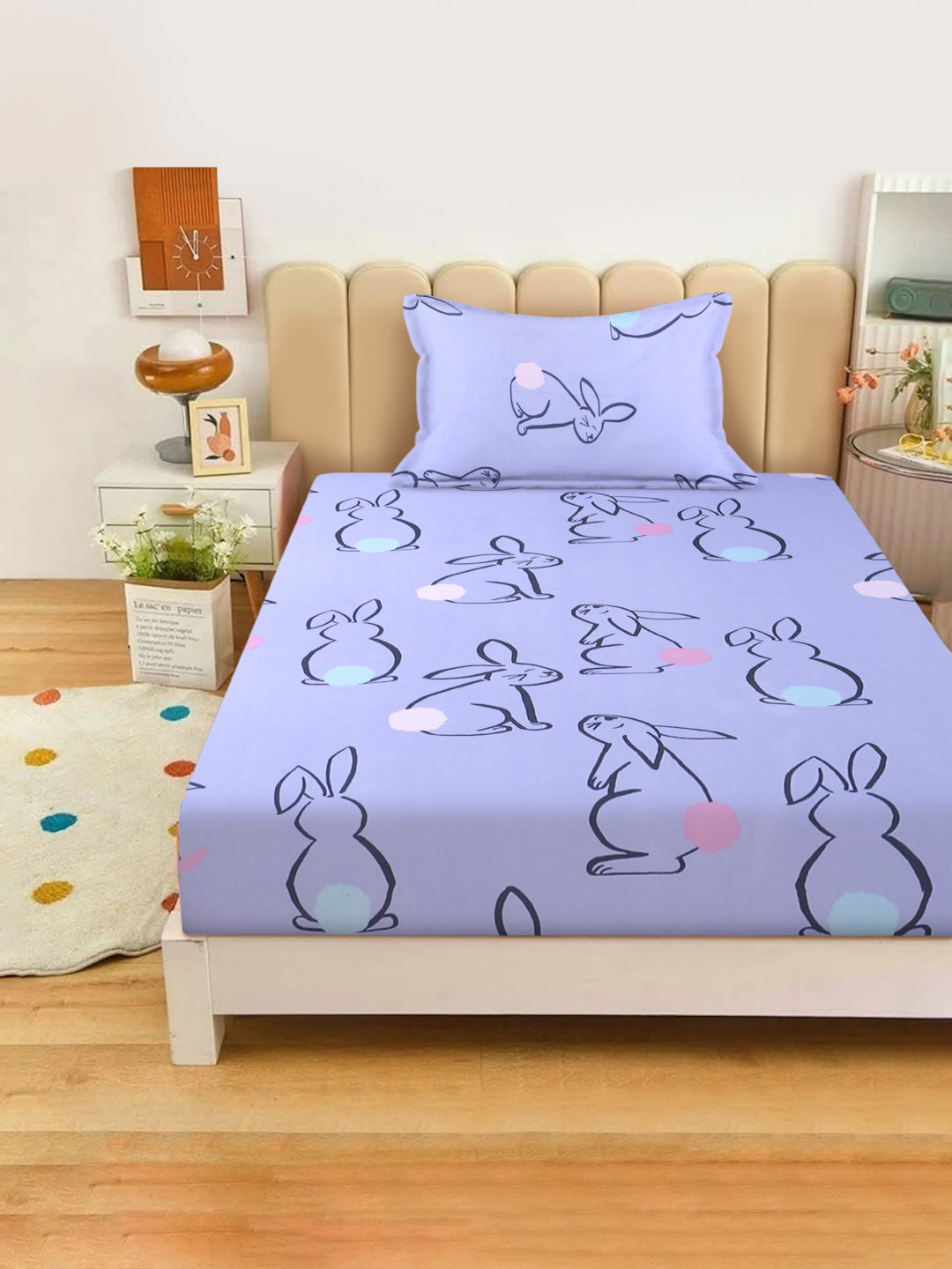 Rabbit Print Kids Bedsheet Set – 100% Cotton for Single Bed