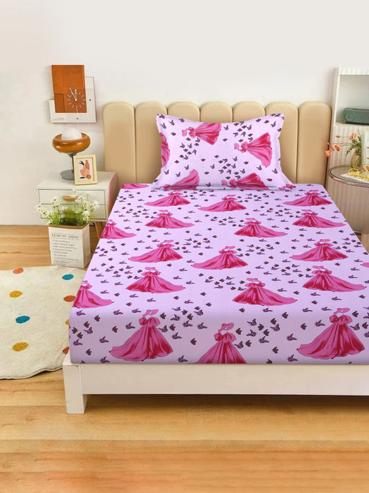 Doll Print Kids Bedsheet Set – 100% Cotton, Single Bed, Orange & Pink