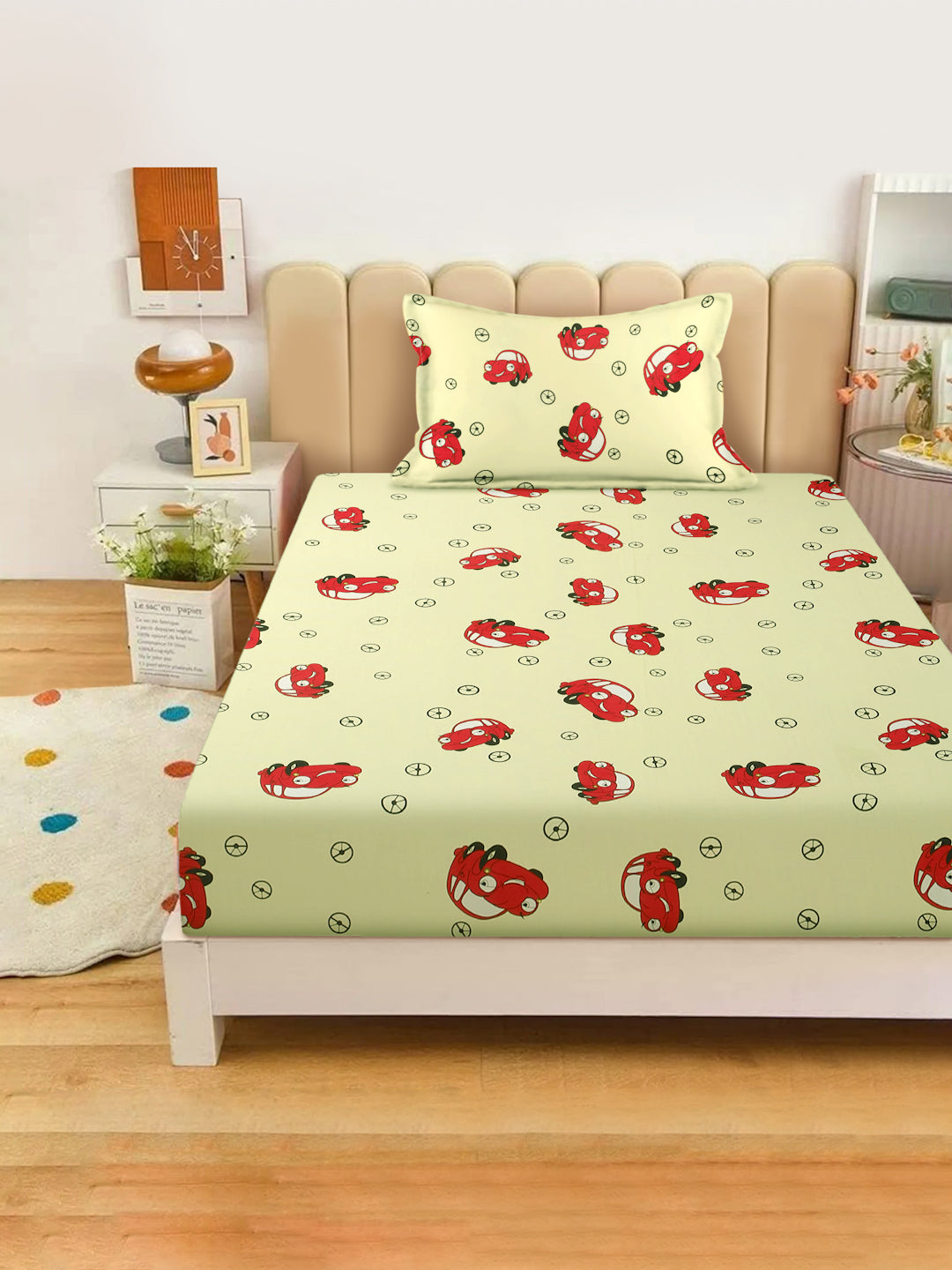 Car Print Kids Bedsheet Set – 100% Cotton, Single Bed, Yellow & Pink