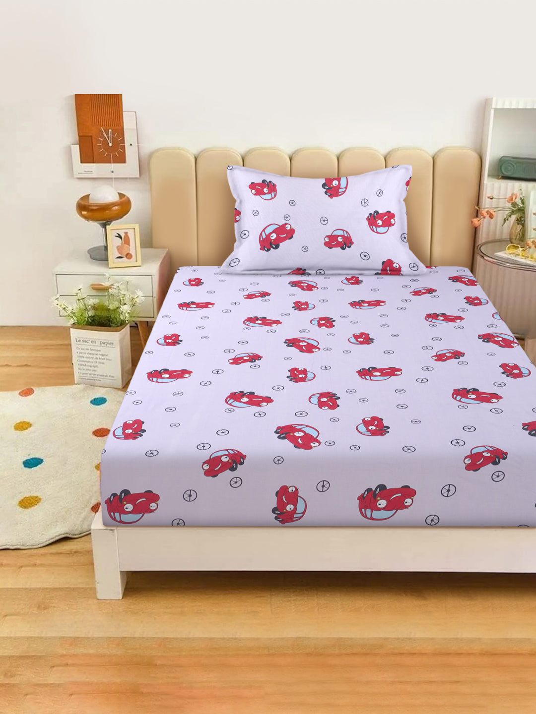 Car Print Kids Bedsheet Set – 100% Cotton, Single Bed, Yellow & Pink