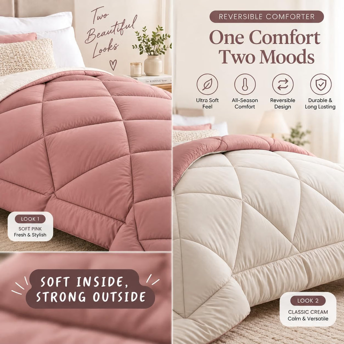 220 GSM Reversible Microfiber Cream And Baby Pink Comforter – Double Bed | Soft, Fluffy & All-Season