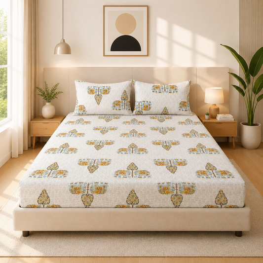 Microfiber White Floral Bedsheet Set for Double (Queen) Bed – Soft, Wrinkle-Free & Long-Lasting