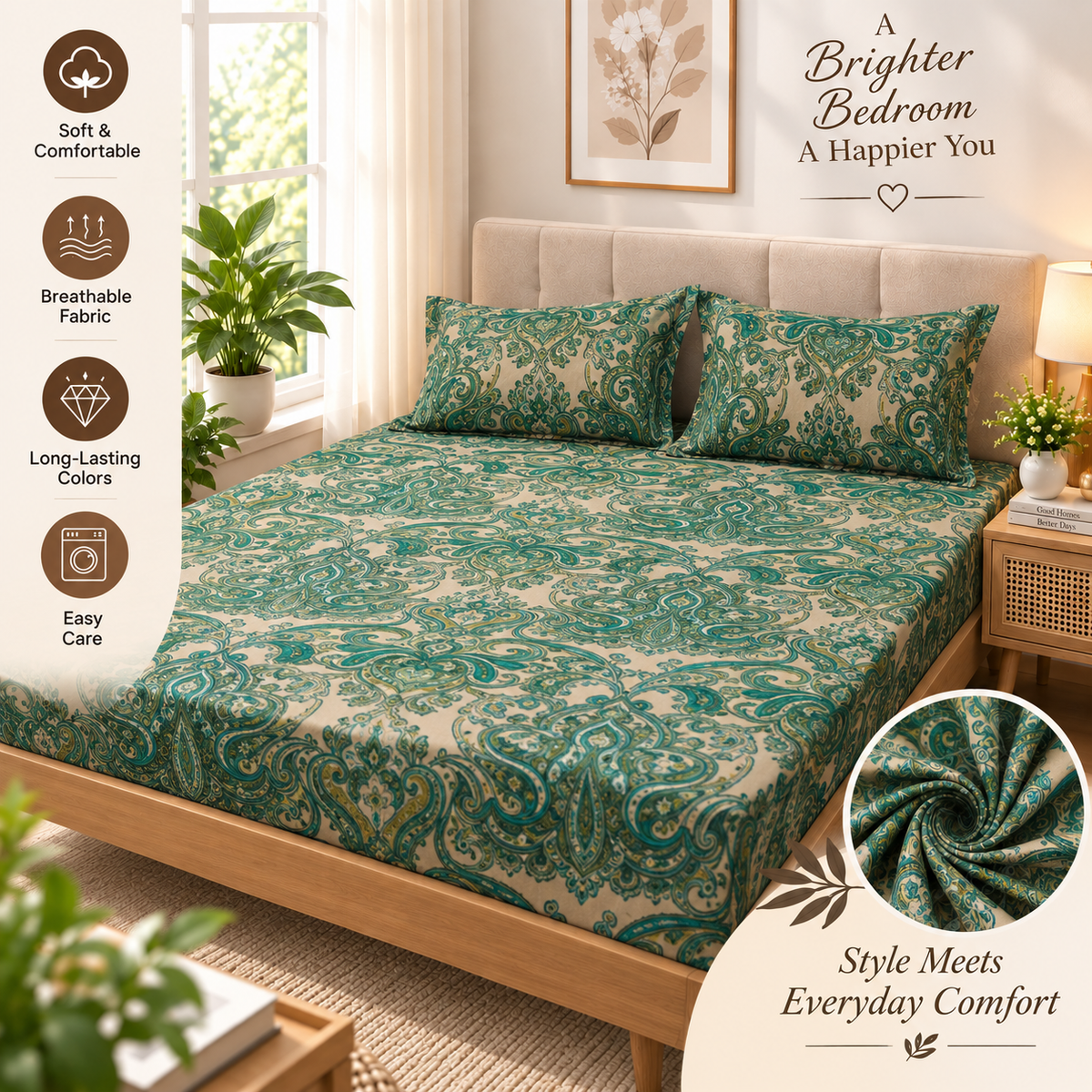 Cotton 300 TC Sateen Teal Green and Cream Colour Bedsheet Set for King Size – Soft, Durable & Long-Lasting