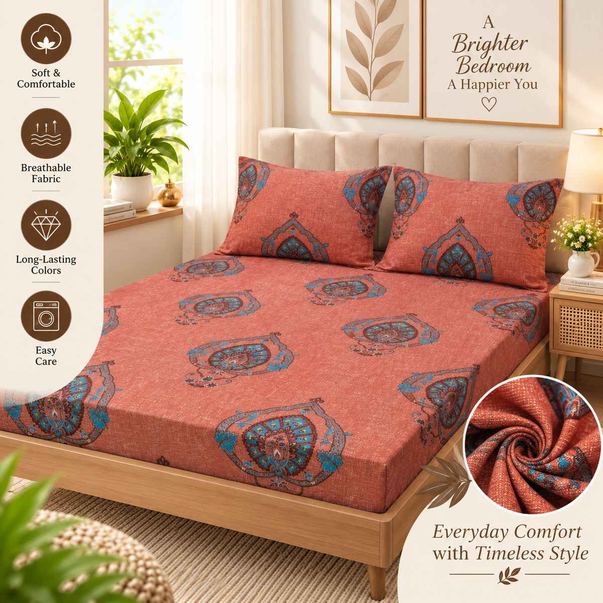 Cotton 300 TC Sateen Coral Pink Colour Bedsheet Set for King Size – Soft, Durable & Long-Lasting