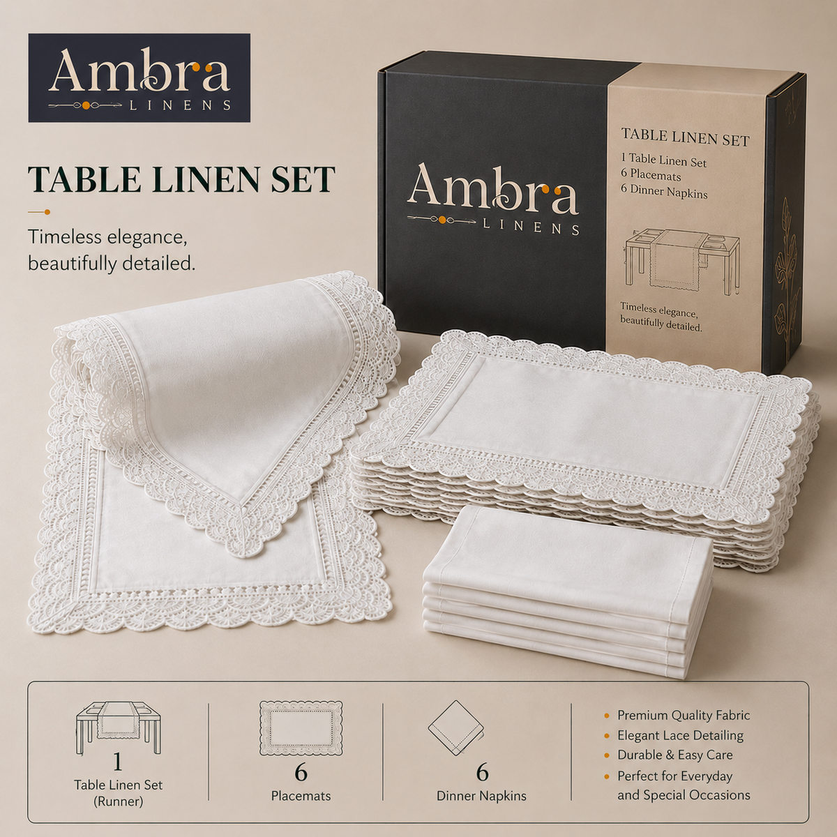White With Lace 7 Pc - 1 Lace Design Table Linen Set, 6 Placement, 6 Diner Napkins