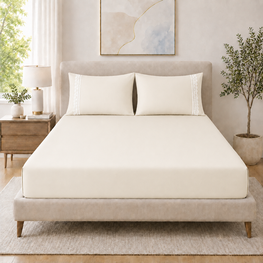400 Thread Count 100% Organic Cotton Lace Style Classic Ivory Premium Bedsheet King Size