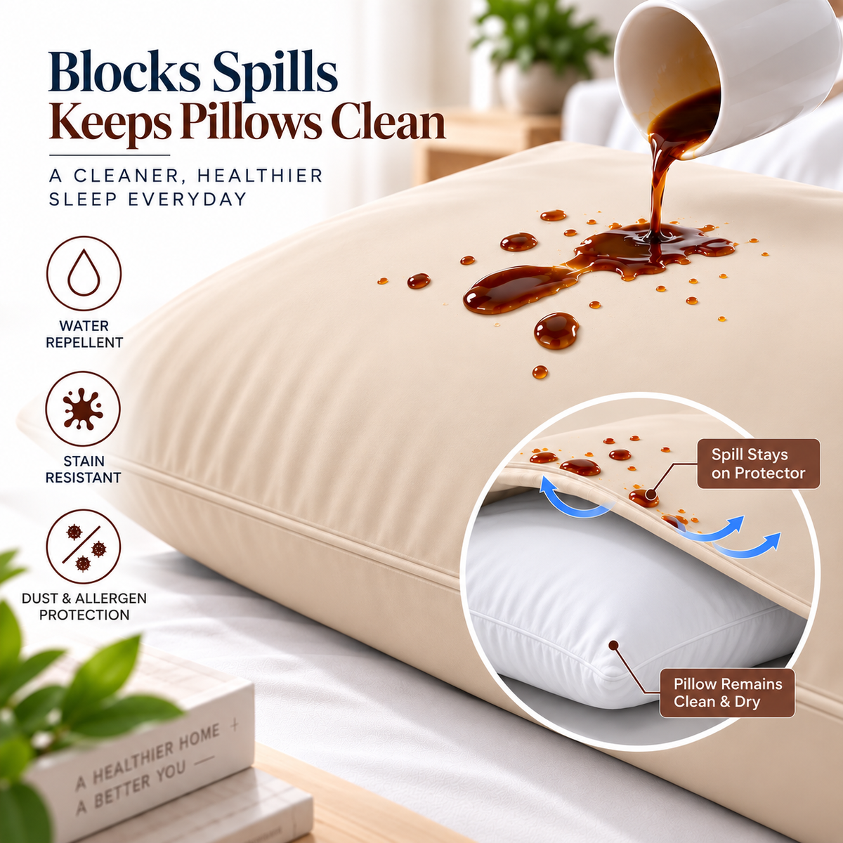 Terry Cotton Pillow Protector - Beige Colour – Waterproof, Soft & Durable