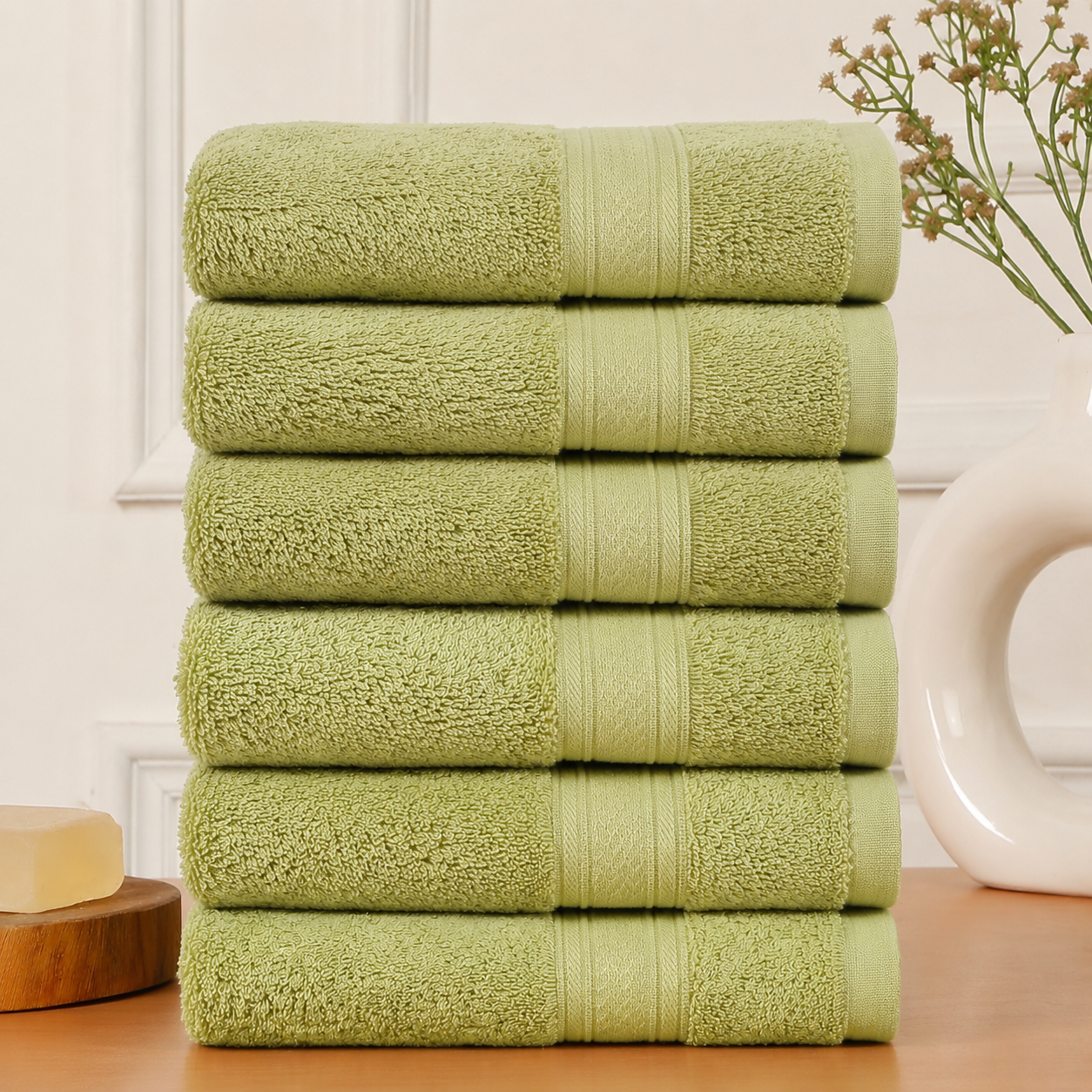 Premium 500 GSM 100% Cotton Summer Green Colour Hand Towels