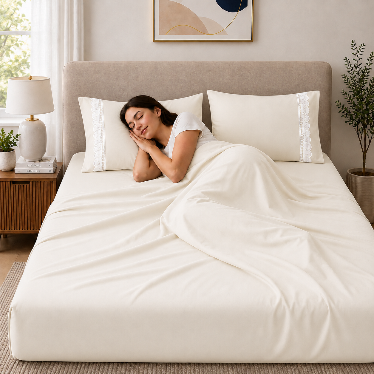 400 Thread Count 100% Organic Cotton Lace Style Classic Ivory Premium Bedsheet King Size