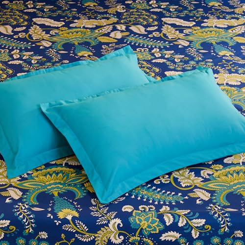 Blue Floral Printed Queen Flat Bedsheet with 2 Pillow Covers