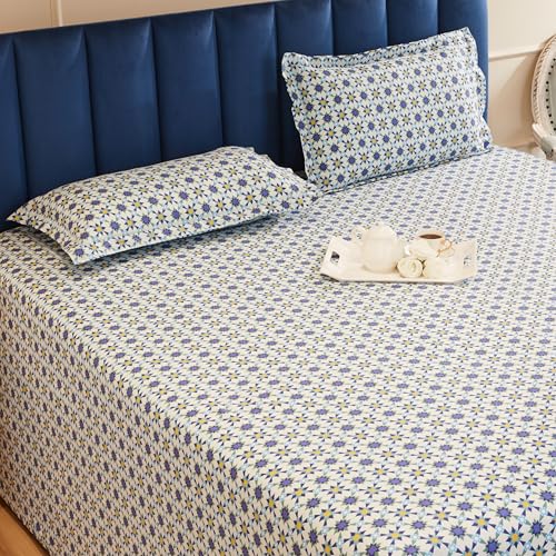 Blue Geometric Printed Queen Flat Bedsheet with 2 Pillow Covers
