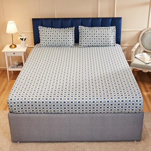 Blue Geometric Printed Queen Flat Bedsheet with 2 Pillow Covers
