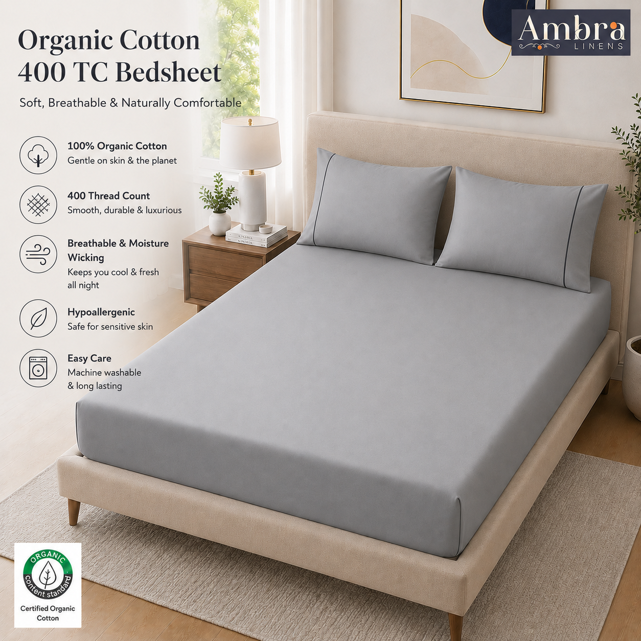 400 Thread Count 100% Organic Cotton Merrow Design Grey Mist – Dark Grey Premium Bedsheet King Size