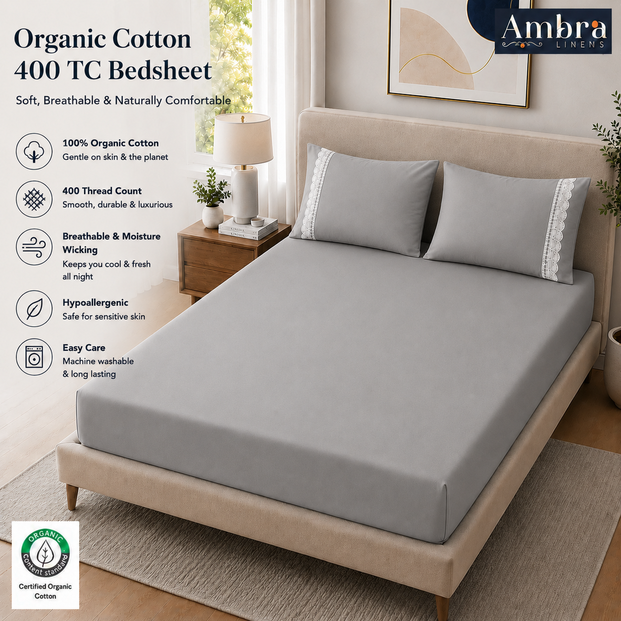 400 Thread Count 100% Organic Cotton Lace Style Grey Mist Premium Bedsheet King Size