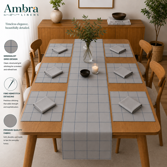 Grey Mist & Navy 7-Piece Table Linen Set | Minimalist Grid Design | 6 Placemats & 6 Dinner Napkins