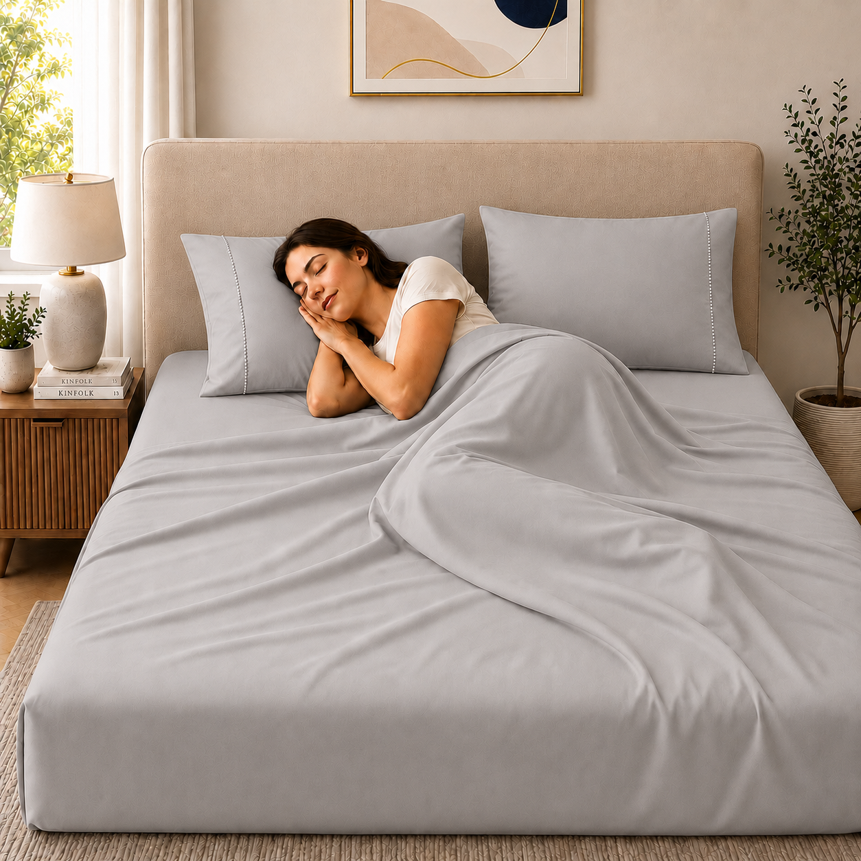 400 Thread Count 100% Organic Cotton Fagoting Style Grey Mist Premium Bedsheet King Size