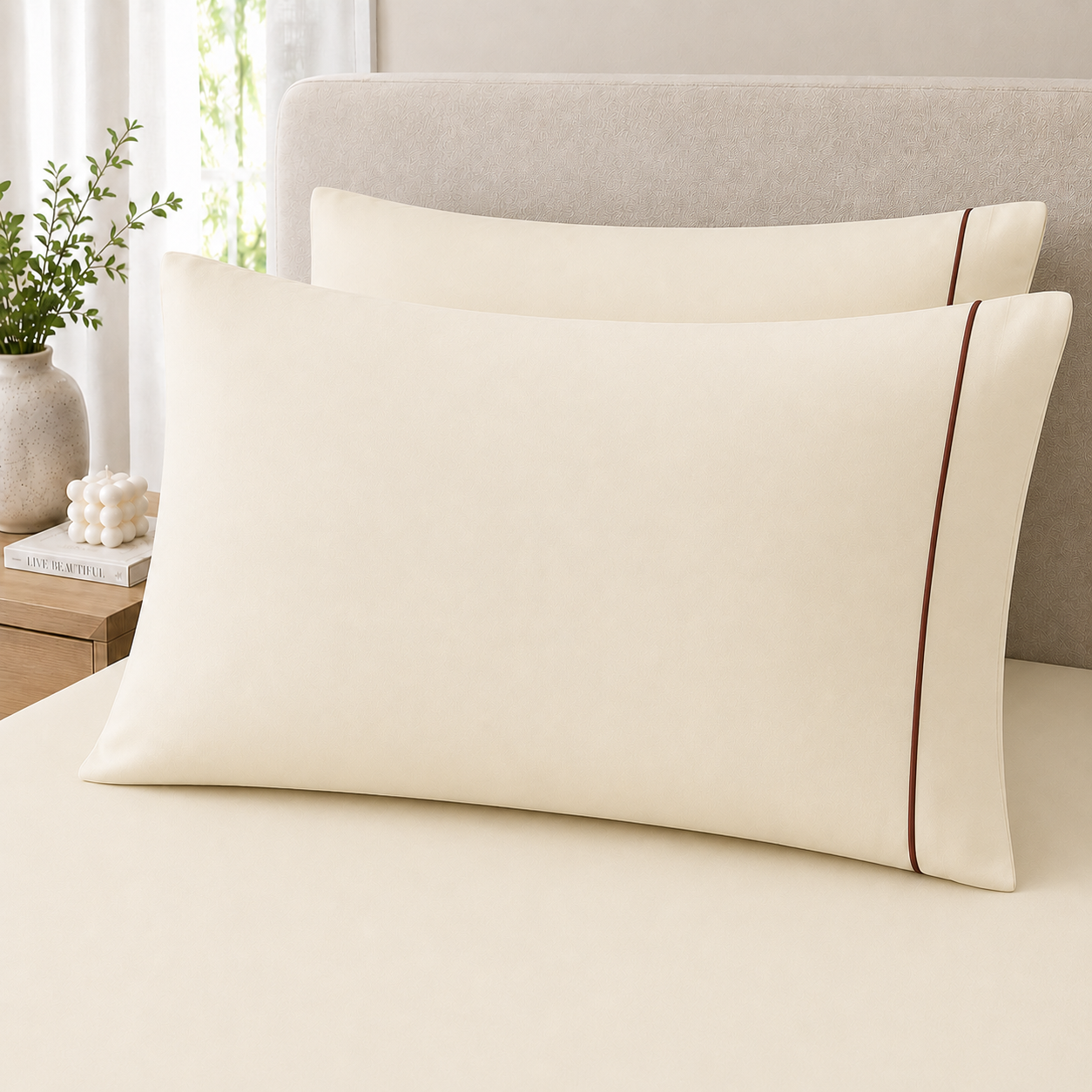 400 Thread Count 100% Organic Cotton Merrow Design Classic Ivory – Marron Premium Bedsheet King Size