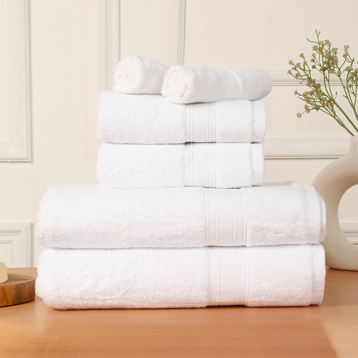 Premium 6 Piece White Colour Cotton Towel Set (Bath, Hand & Face)