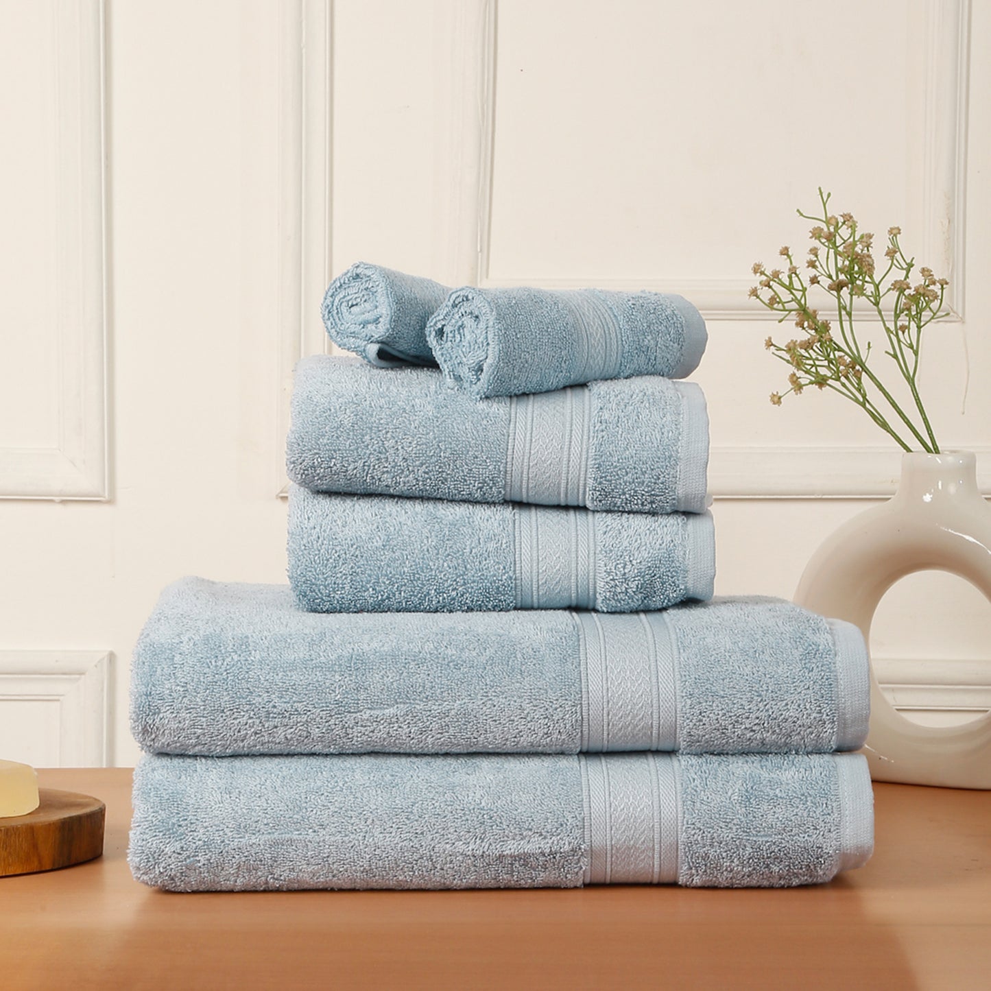 Premium 6 Piece Sky Blue Colour Cotton Towel Set (Bath, Hand & Face)