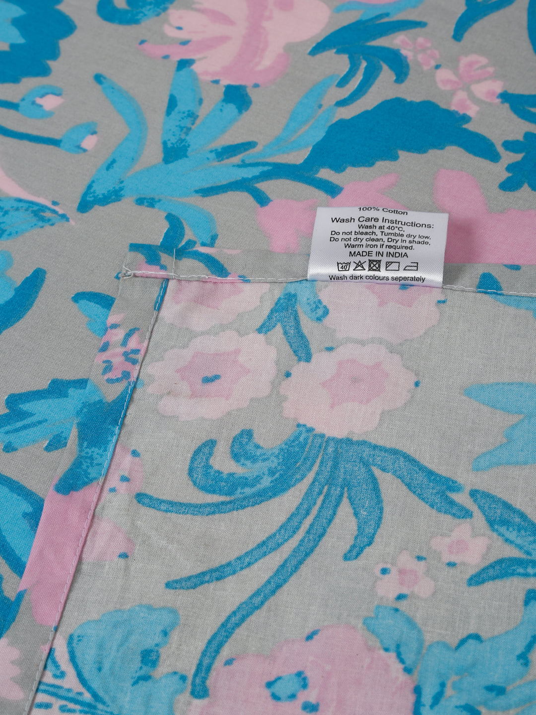 Blue Cotton Bedsheet with Pink Floral Design