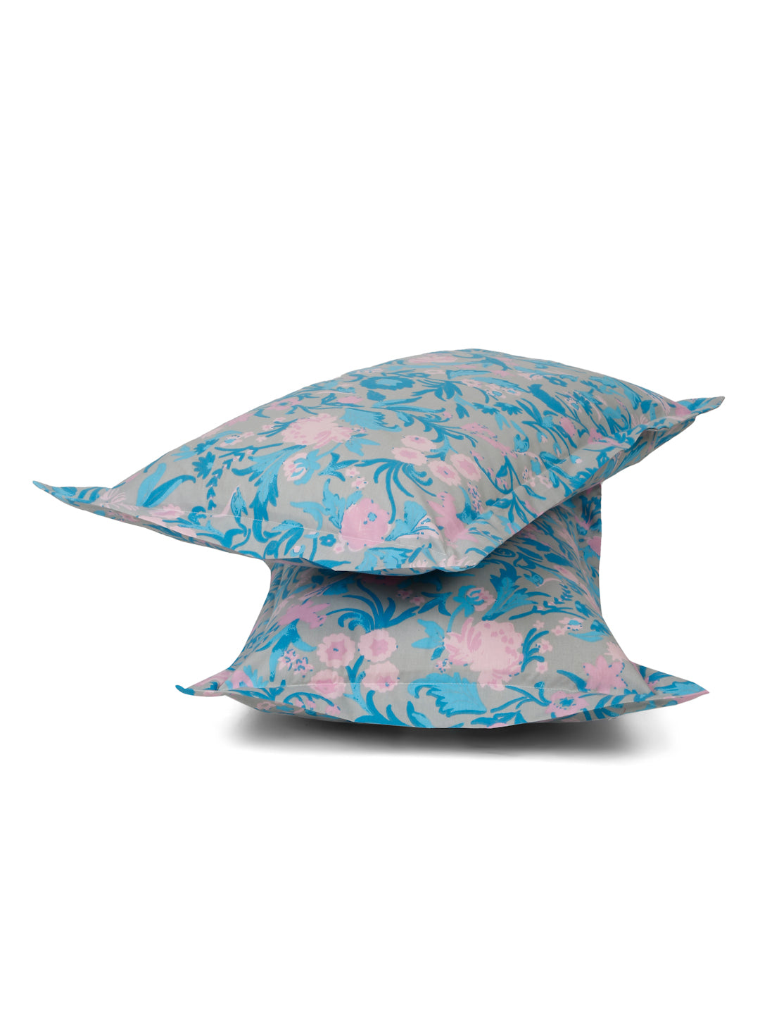 Blue Cotton Bedsheet with Pink Floral Design
