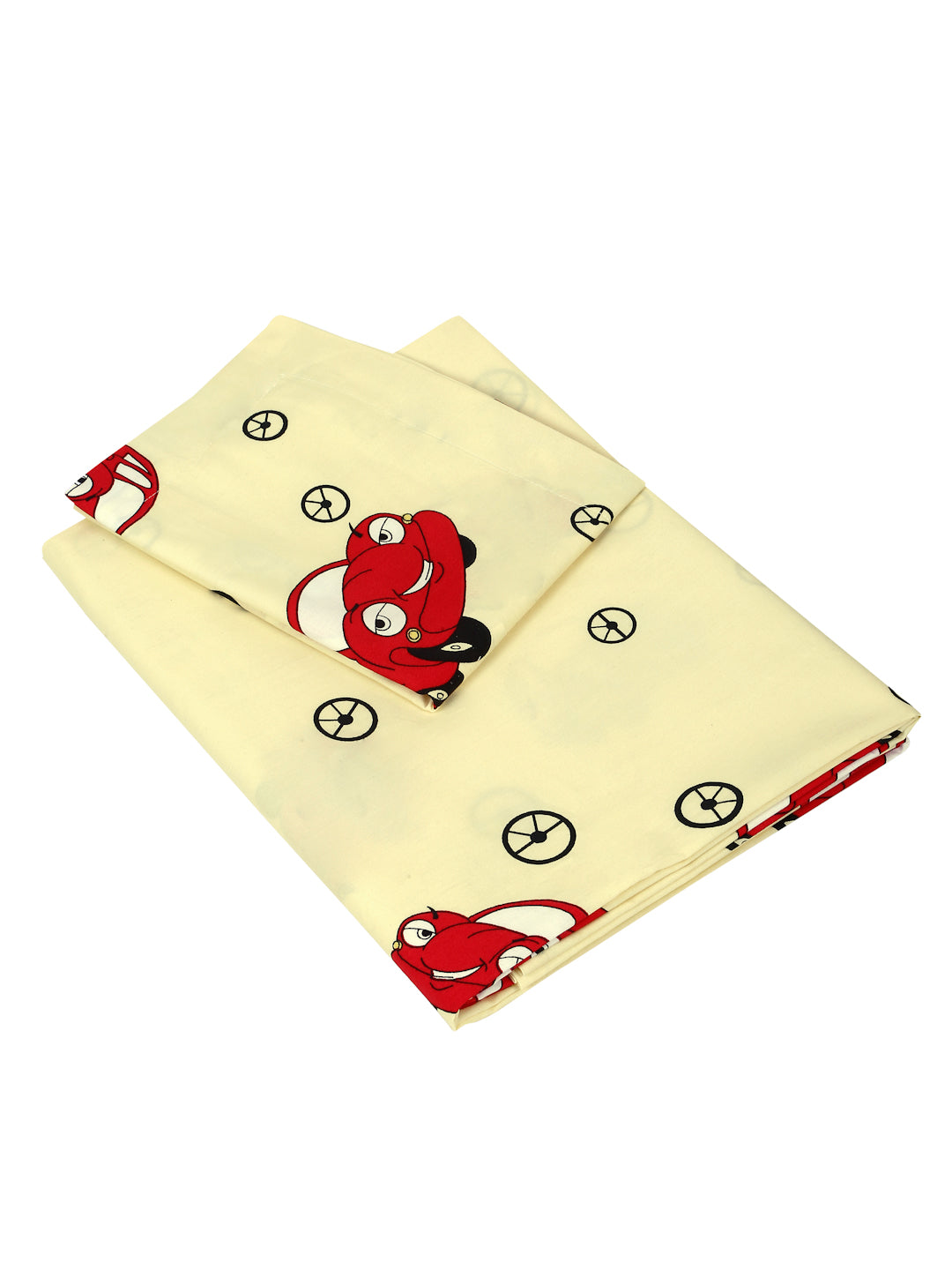 Car Print Kids Bedsheet Set – 100% Cotton, Single Bed, Yellow & Pink
