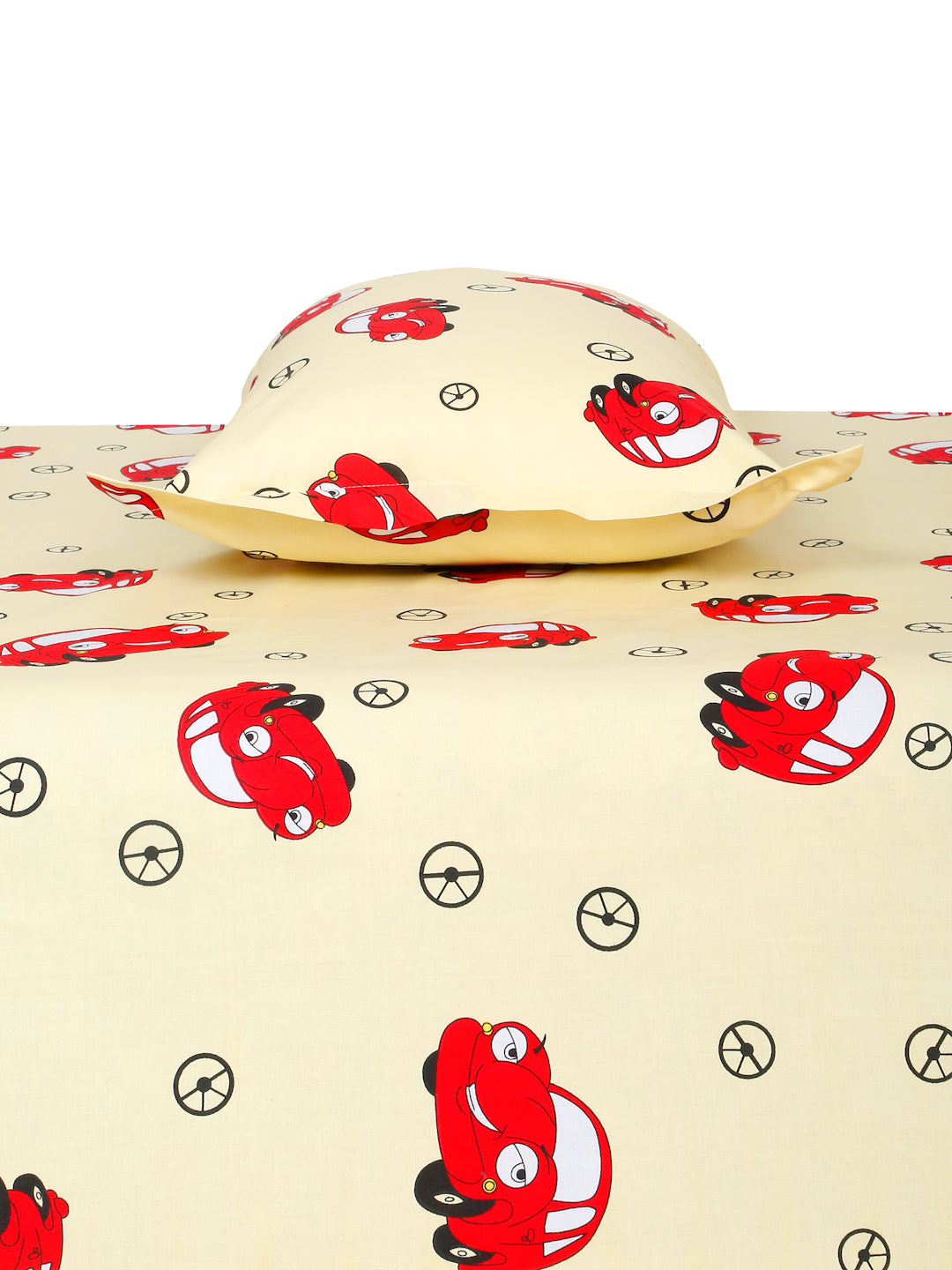 Car Print Kids Bedsheet Set – 100% Cotton, Single Bed, Yellow & Pink