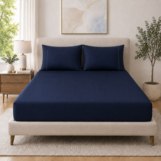 400 Thread Count 100% Organic Cotton Fagoting Style Navy Blue Premium Bedsheet King Size