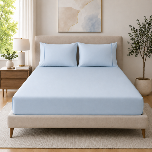400 Thread Count 100% Organic Cotton Merrow Design Pearl Blue – Pearl Blue Premium Bedsheet King Size