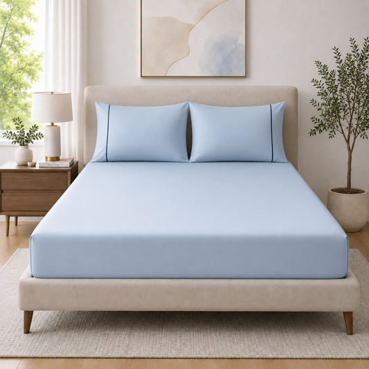 400 Thread Count 100% Organic Cotton Merrow Design Pearl Blue – Navy Premium Bedsheet King Size