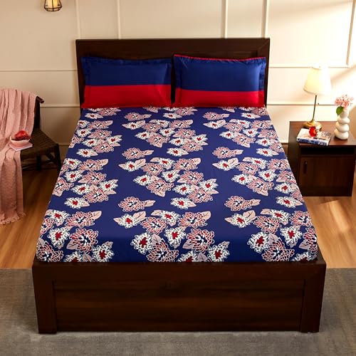 Navy Blue Floral Printed Queen Flat Bedsheet with 2 Pillow Covers