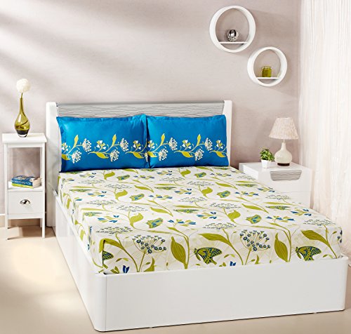 Blue & Green Floral Printed Queen Flat Bedsheet with 2 Pillow Covers
