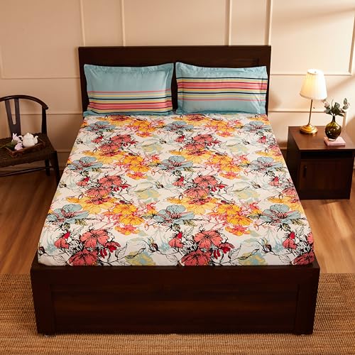 Multicolor Floral Printed Queen Flat Bedsheet with 2 Pillow Covers