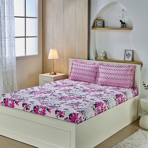 Pink Floral Printed Queen Flat Bedsheet with 2 Pillow Covers