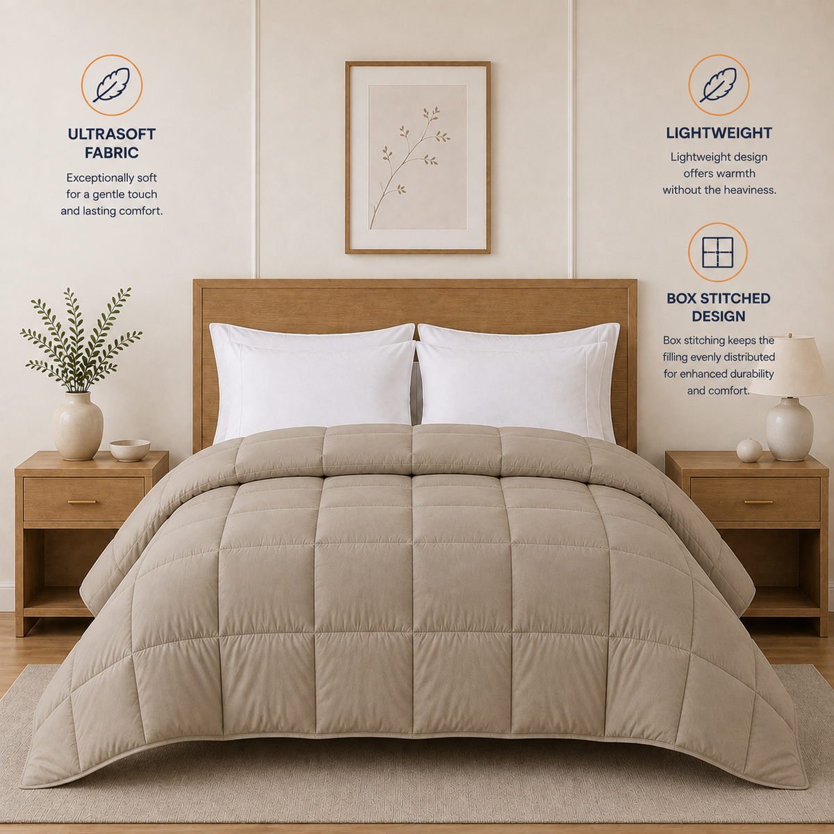 Solid Warm Grey Microfiber Comforter – 220 GSM All-Season AC Comforter & Blanket