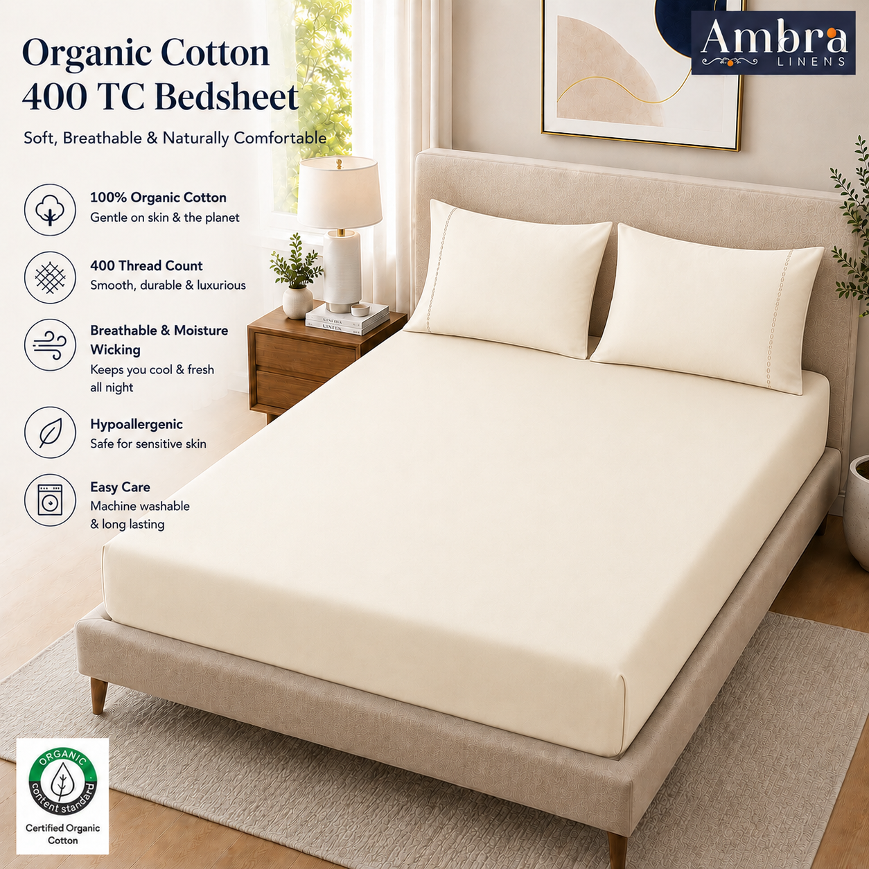 400 Thread Count 100% Organic Cotton Fagoting Style Ivory Premium Bedsheet King Size