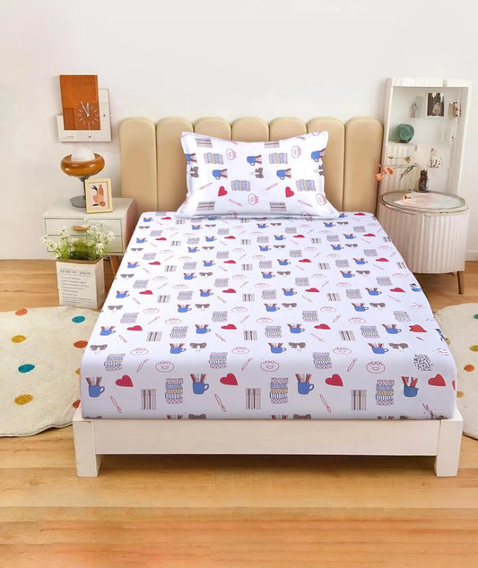 Doodle Blue Kids Cotton Bedsheet with Pillow Cover