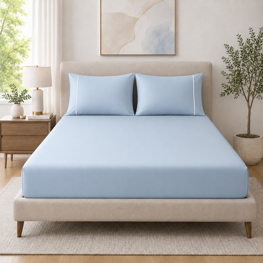 400 Thread Count 100% Organic Cotton Merrow Design Pearl Blue – White Premium Bedsheet King Size