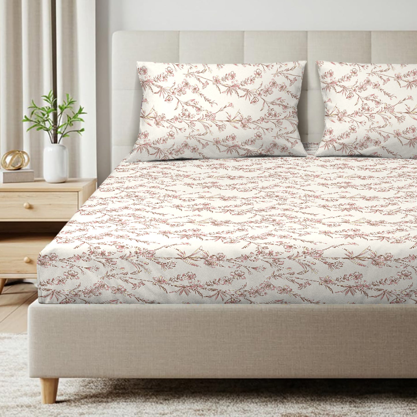Fresh Bloom Blush Beige Cotton Bedsheet with Pillow Cover (King Size)