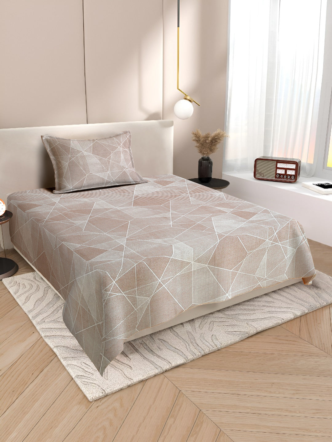 Beige Bedsheet with Geometric Poly Shape Print – 100% Cotton