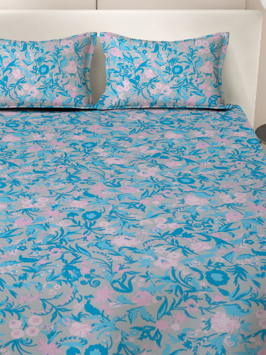 Blue Cotton Bedsheet with Pink Floral Design