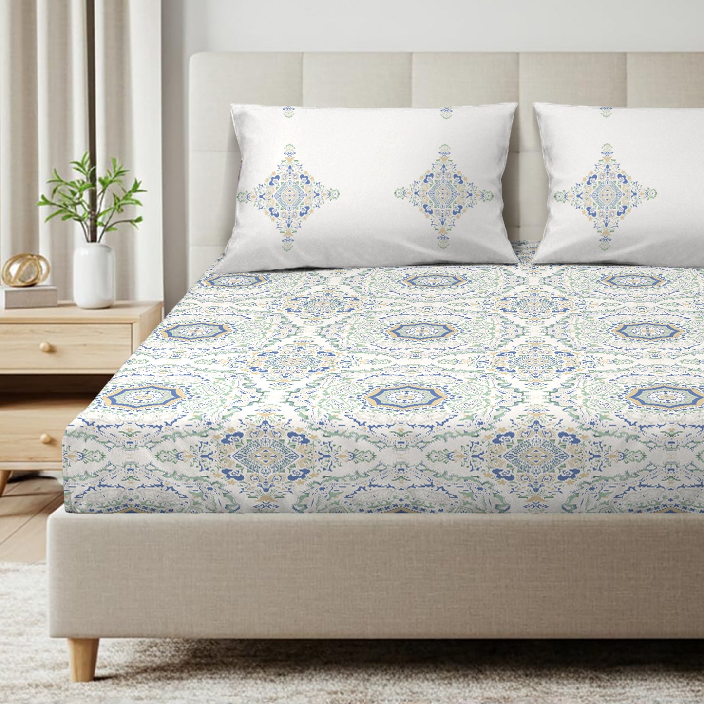 Heritage Mandala Blue Cotton Bedsheet with Pillow Cover (King Size)