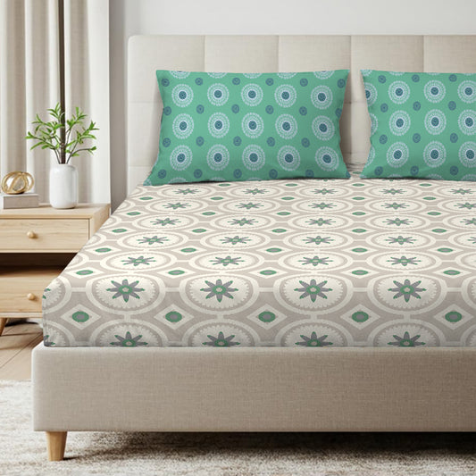 Vintage Floral Sage Green Cotton Bedsheet with Pillow Cover (King Size)